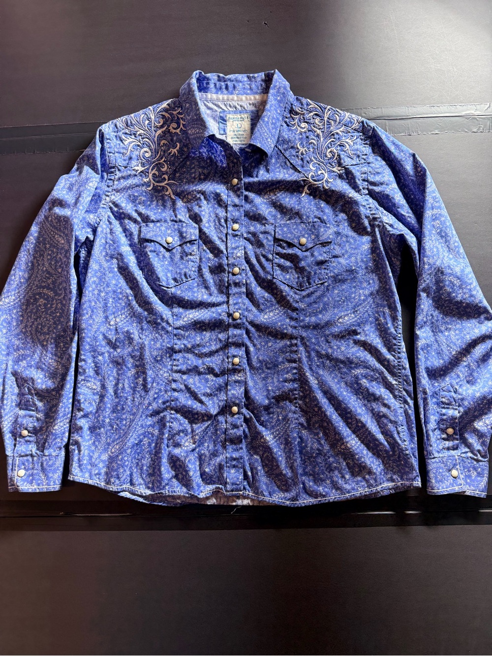Panhandle Slim Rough Stock Blue Embroidered Western Snap Shirt Size L